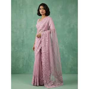 Sari en soie Chanda pure fait main avec broderie florale, travail Schiffli Resham Zari, bordure ajourée, imprimé floral, tissu en mousseline - Product Image 4