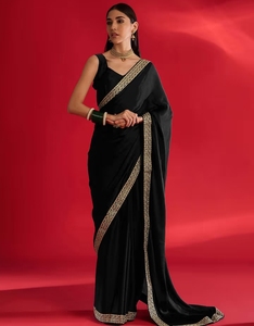 KV Women <b>Satin</b> Black Embellished Saree with Unstitched <b>Blouse</b> - Product Image 3