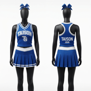 Uniforme de cheerleading en polyester et élasthanne de qualité supérieure 260 GSM, bleu et blanc avec panneaux contrastés, logo d'équipe personnalisé - Product Image 1