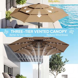 Ombrellone da Esterno a 3 Livelli con Manovella Inclinabile, 2,95 m, Colore Kaki, con Luci LED Solari per Cortile e Giardino - Product Image 5
