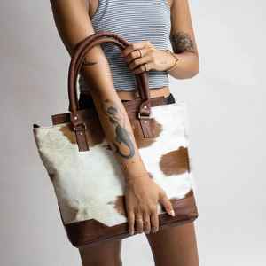 Elegante Bolso Tote de Cuero Genuino con Pelo de Vaca, Color Sólido, Cierre de Cremallera y Bordado, Bolso de Hombro para Mujer LHTB-0096 - Product Image 2