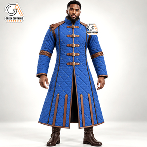 Ropa Griega, Chaqueta Larga Acolchada para Hombre, Azul con Ribete Marrón, Estilo Vintage, Ecológica, Impermeable, Cortavientos, Abrigo de Invierno - Product Image 1