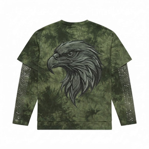 Camiseta Gráfica Personalizada para Hombre, Cuello en V, 100% Algodón, Verde Oliva, Lavado Ácido, con Pedrería, Manga Larga, 2 en 1, Estilo Y2K - Product Image 2