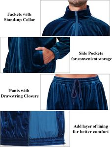 <b>Men's</b> Navy <b>Velour</b> <b>Tracksuit</b> Full Zip Jacket And Pants Set With Side Pockets Autumn Casual Wear For Adults - Product Image 2