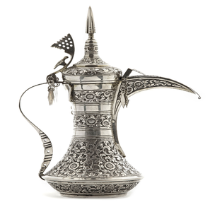 A vintage-style <b>silver</b> engraved dallah featuring traditional Middle Eastern crest motifs, available at wholesale prices. - Product Image 5