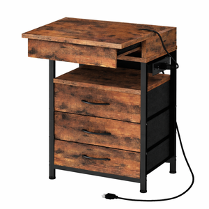 ELVROGEST SA Industrial Nightstand with Wireless Charging Station, 3 Drawers, USB Ports, Rustic Wood <b>Bedside</b> <b>Table</b> Storage - Product Image 1