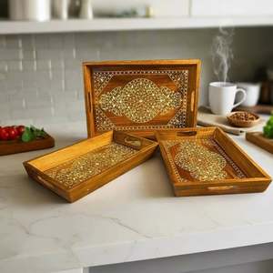 Set of 3 <b>Wood</b> Craft Serving Trays with White Print Elegant <b>Rustic</b> Kitchen <b>Table</b> Decor Perfect Gift for Home <b>Dining</b> - Product Image 5