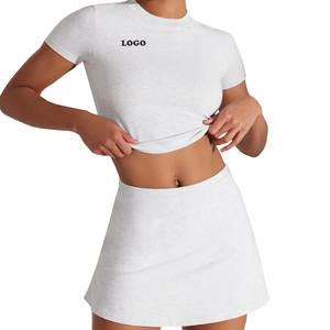 Women's 2 Piece <b>Knitted</b> <b>Set</b> White Crew Neck Short Sleeve Crop Top With Logo Above Knee Skirt Casual Spring Summer Daily Wear OEM - Product Image 1