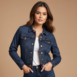 Veste en jean délavé foncé avec finition personnalisée Col à pression Poches chauffe-mains sur la poitrine Fermeture à glissière avec bouton Broderie XS à XXL - Product Image 2