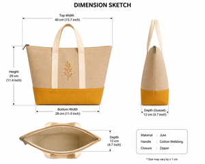 Sac fourre-tout en jute avec broderie, fermeture éclair, base moutarde, style minimaliste, doublure en coton - Idéal pour la plage, les voyages, le shopping et l'usage quotidien - Product Image 2
