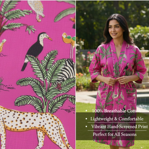 Kimono con estampado de jungla rosa tropical para mujer, cuello en V, mangas largas, 2 bolsillos delanteros, cordón, ropa de dormir de algodón, bata, vestido - Product Image 4