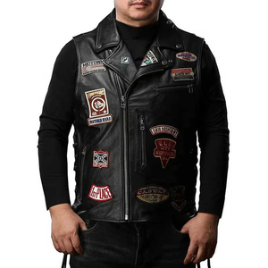 Chaleco de Cuero Negro para Hombre, Estilo Motero, Cuello Camisero, Cierre de Cremallera, Diseño con Parches, Prenda Exterior de Otoño, Corte Regular - Product Image 6
