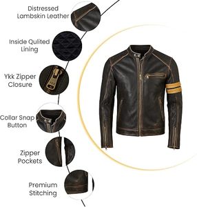 Men Cafe Racer Biker <b>Jacket</b> Original Leather Stand Collar Zipper Closure Slim Fit Moto Style Biker <b>Jacket</b> - Product Image 3