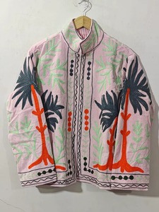Pink <b>Quilted</b> <b>Jacket</b> With Hand Embroidered Palm Tree <b>Pattern</b> Mandarin Collar Full Sleeve Cotton Women's Summer Boho Chic Style - Product Image 6