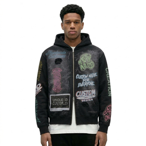 Sudadera con capucha negra extragrande para hombre, estilo streetwear, con cremallera, lavado ácido, con estampado de letras de grafiti personalizado y logotipo personalizado, OEM ODM - Product Image 3