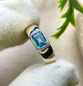 Natural Blue Topaz Bezel <b>Emerald</b> Cut Sterling <b>Silver</b> 14K Gold Plated Luxury Engagement Wedding <b>Ring</b> - Product Image 1