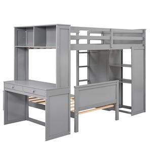 Letto a soppalco singolo con scaffali indipendenti, scrivania e armadio in grigio per bambini - Product Image 6