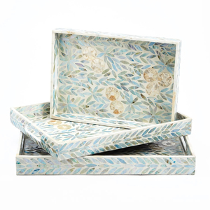 Plateau de service artisanal en nacre incrustée, ensemble de plateaux décoratifs de luxe en bois pour table basse ou ottoman, bleu vert - Product Image 1