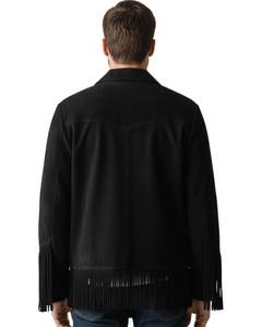 <b>Men's</b> Black <b>Suede</b> Leather <b>Jacket</b> With Fringe Turn-down Collar Casual Autumn Style Regular Fit Single Breasted - Product Image 5