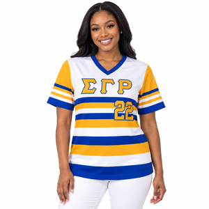 Maillot de baseball rayé Sigma Gamma Rho pour femme, blanc, bleu, or, col en V, manches courtes, vêtements de sororité grecque, tenue athlétique - Product Image 1