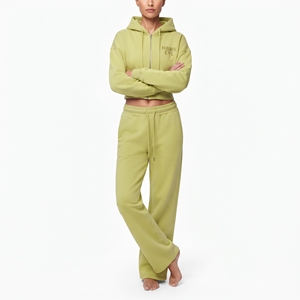 Ensemble de survêtement deux pièces pour femme, sweat à capuche court entièrement zippé à épaules tombantes et manches longues en molleton de coton, et pantalon de jogging à jambes larges - Product Image 5
