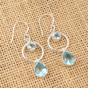Pendientes de Gancho con Topacio Azul Cielo, Plata de Ley, Gema en Forma de Pera y Redonda, Chapados en Rodio, Joyería Hecha a Mano, Regalo para Mujer, Fiesta - Product Image 4