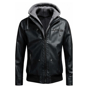 Men's Black <b>Hooded</b> Genuine Leather Windproof Winter <b>Jacket</b> with <b>Fur</b> Trim Polyester Lining Color Blocking Zip-Up Closure - Product Image 1