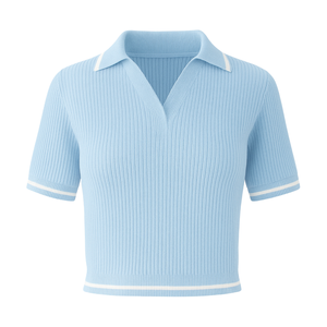 Polo de Punto Acanalado para Mujer con Logotipo Personalizado, Manga Corta con Ribete en Contraste, Top Transpirable de Moda Casual, Venta al Por Mayor de Fábrica - Product Image 1