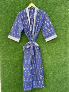 Bata Kimono de Algodón Hecha a Mano para Mujer con Cuello en V, Manga Larga, Cinturón, Cómoda, Suave, Lavable a Máquina, para Verano - Product Image 1