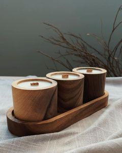 Wooden handmade new <b>candle</b> holder glass with <b>set</b> of 3 and trey - top seller premium home decor here - Product Image 1