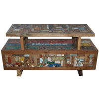 Meuble TV en bois de bateau récupéré, 3 tiroirs, style double plateau, patchwork, bois recyclé, design durable pour support TV