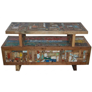 Meuble TV en bois de bateau récupéré, 3 tiroirs, style double plateau, patchwork, bois recyclé, design durable pour support TV - Product Image 5