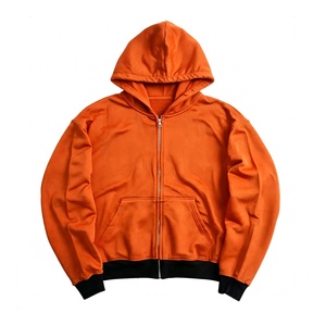 Heavyweight Orange Full Zip Hoodie Casual Cotton Fleece Outerwear With Contrast Black Ribbed Hem And Cuffs Unisex Daily Wear - Product Image 1