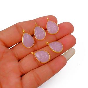 Venta al por mayor DIY Calcedonia colgante Rosa lágrima piedra preciosa tallada chapado en oro bisel hecho a mano conector de latón para la fabricación de joyas - Product Image 2
