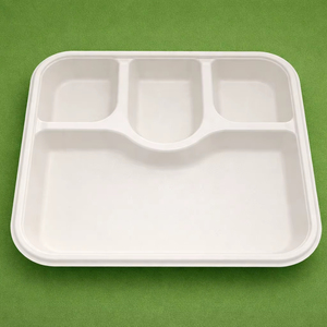 Plateau de service carré jetable en bagasse de canne à sucre, écologique, biodégradable, compostable, résistant à l'eau, compatible micro-ondes, 4 compartiments, pour fêtes et repas - Product Image 1