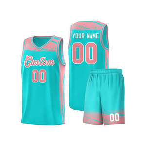ชุดเสื้อบาสเก็ตบอลฤดูร้อนแบบกำหนดเอง พิมพ์ลายแบบ Sublimated สีเขียวอมฟ้าไล่เฉดสีชมพู ระบายเหงื่อได้ดี แบบไม่มีแขน สำหรับผู้ใหญ่ 男女  ชุดกีฬา - Product Image 1