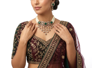 Ensemble collier choker victorien Kundan vert luxueux non taillé avec pierres gemmes doublet et boucles d'oreilles assorties, ensemble de mariage indien pour mariée - Product Image 1