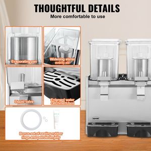 Dispenser per Bevande Commerciale da 13,6 Qt (12L), 280W, in Acciaio Inox 304, Macchina per Succhi con 2 Serbatoi per Tè Freddo e Bevande, 41-53,6 - Product Image 5