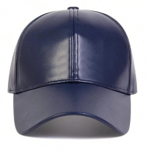 Unisex <b>Navy</b> Blue PU Leather Baseball Cap 6-Panel Fitted Casual <b>Hat</b> for Adults Solid Color Four Seasons Wear - Product Image 1