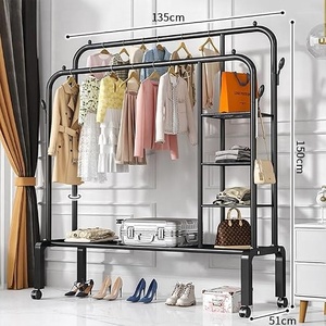 Minimalist Metal <b>Clothing</b> <b>Rack</b> With Wheels 4-Tier Storage Shelf <b>Standing</b> Wardrobe Organizer Multifunctional Design - Product Image 4