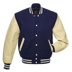 Veste universitaire bleu foncé pour homme, manches crème, col rabattu, fermeture boutonnée, coupe classique, style preppy, tendance automne - Product Image 5