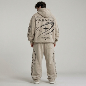 Ensemble de survêtement beige pour homme, sweat à capuche oversize et pantalon de jogging, streetwear, broderie personnalisée du logo, coton lourd - Product Image 2