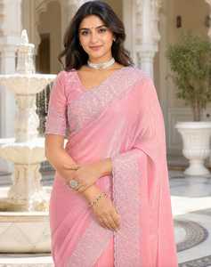 Sari en satin de créateur avec broderie à fils épais et pièce de blouse - Product Image 2