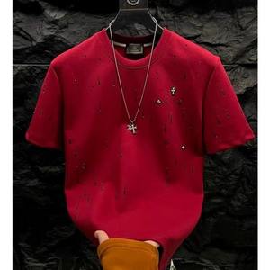 <b>Men's</b> Red Short Sleeve O-Neck T-Shirt With Rhinestone Dot Pattern Street Style Knitted Fabric Regular Fit - Product Image 1