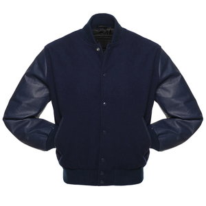 Veste universitaire bleu foncé pour homme, manches en cuir PU, col montant, coupe classique, vêtements décontractés d'automne - Product Image 1