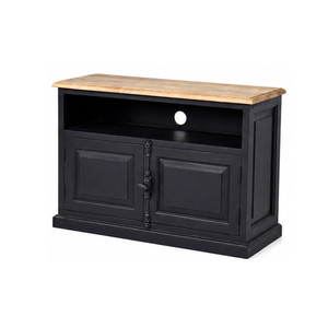 Meuble TV moderne en bois noir avec plateau en bois naturel, console de rangement, unité multimédia pour salon - Product Image 5