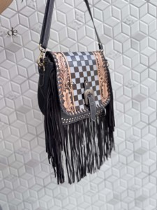 Wholesale Fringe Handbag Hand <b>Tooled</b> Carving <b>Leather</b> Bag Gypsy Boho Checkers Handmade Real <b>Leather</b> Western Multi Uses Bag - Product Image 2