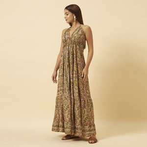 Vestido Maxi Boho con Estampado Floral, Cuello Halter, Sin Mangas, Corte en A, Cintura Imperio, Transpirable, con Borlas Tejidas, Vestido Casual de Verano para la Playa - Product Image 1