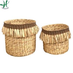 Vietnamese Water Hyacinth <b>Baskets</b> <b>Wooden</b> Handles Set 2 Bamboo Woven Tray for Kitchen Home Laundry-HS 3412/3 Storage Solution - Product Image 4