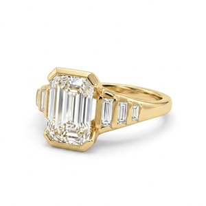 2CT Emerald Cut Lab Grown Diamond Half Bezel Set <b>Ring</b> Baguette Cut Pave Band <b>Ring</b> 14K Gold Engagement <b>Ring</b> Retro Bridal Jewelry - Product Image 5